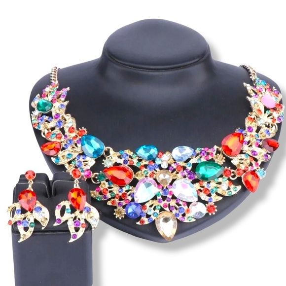 18K gold plated multi color rainbow crystal Necklace earrings set - Picture 4 of 14